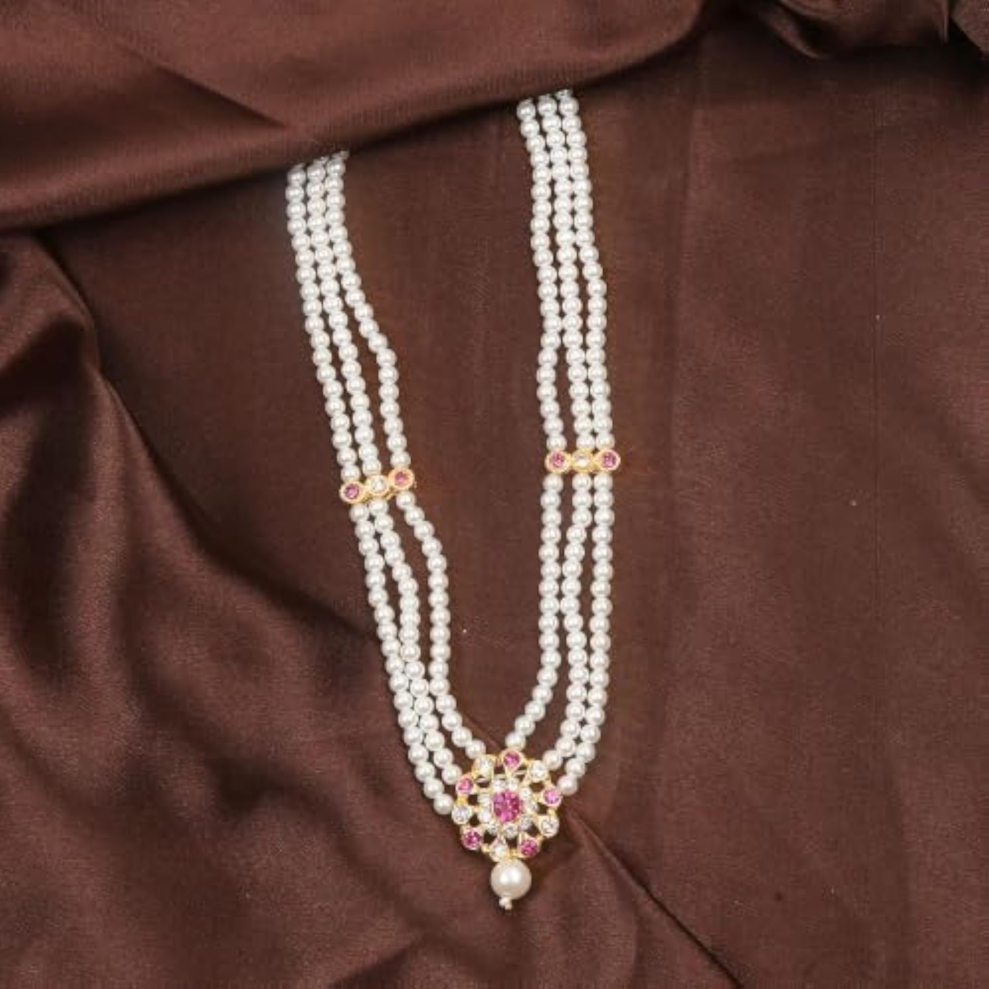 Elite Three Layer Pearl Mala Necklace with Pink Stone Pendant
